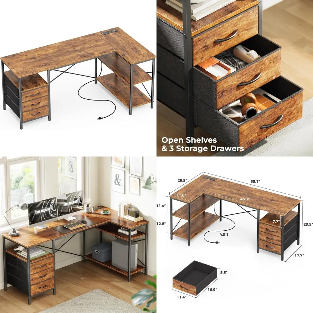

Large L-Shaped Office Desk with Power Outlets, 55 Gaming and Work Desk with 3 Drawers and Shelves, Reversible for Corner Setup