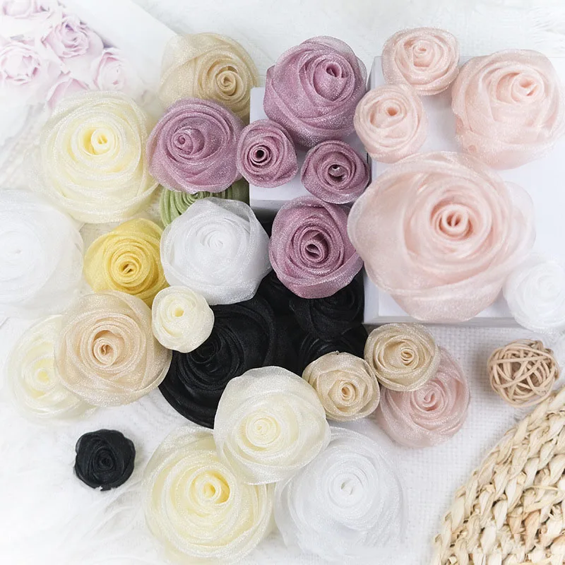 3-6.5cm Organza Snow Rose Head Dress Hair Party Decoration Small Flower DIY Handmade Clothing Accessories Costume Designing