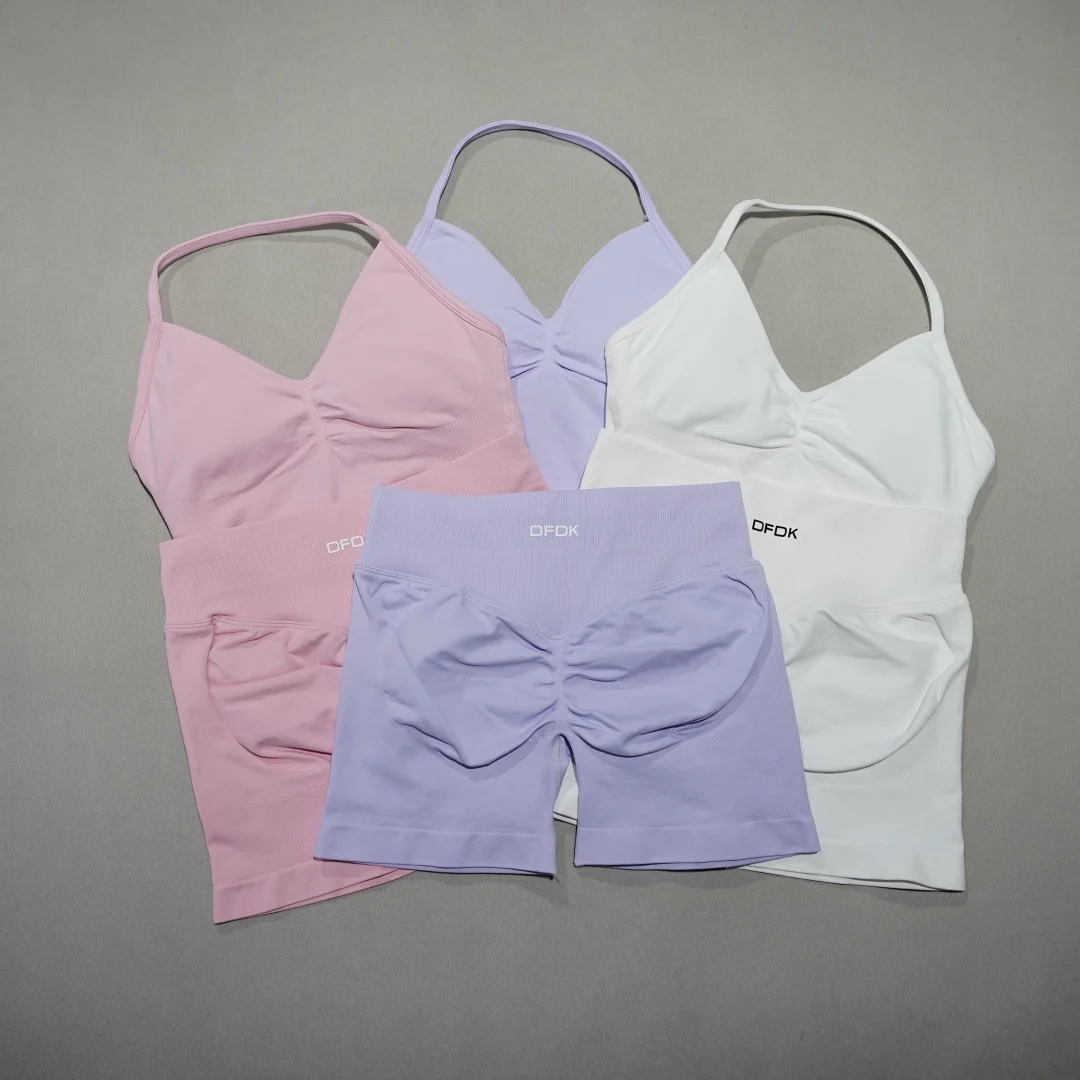 DFDK Curvy Figure Seamless 2PCS Fitness Set Backless Naked Soft Yoga Vest High Stretch High Waist Peach Butt Lift Shorts