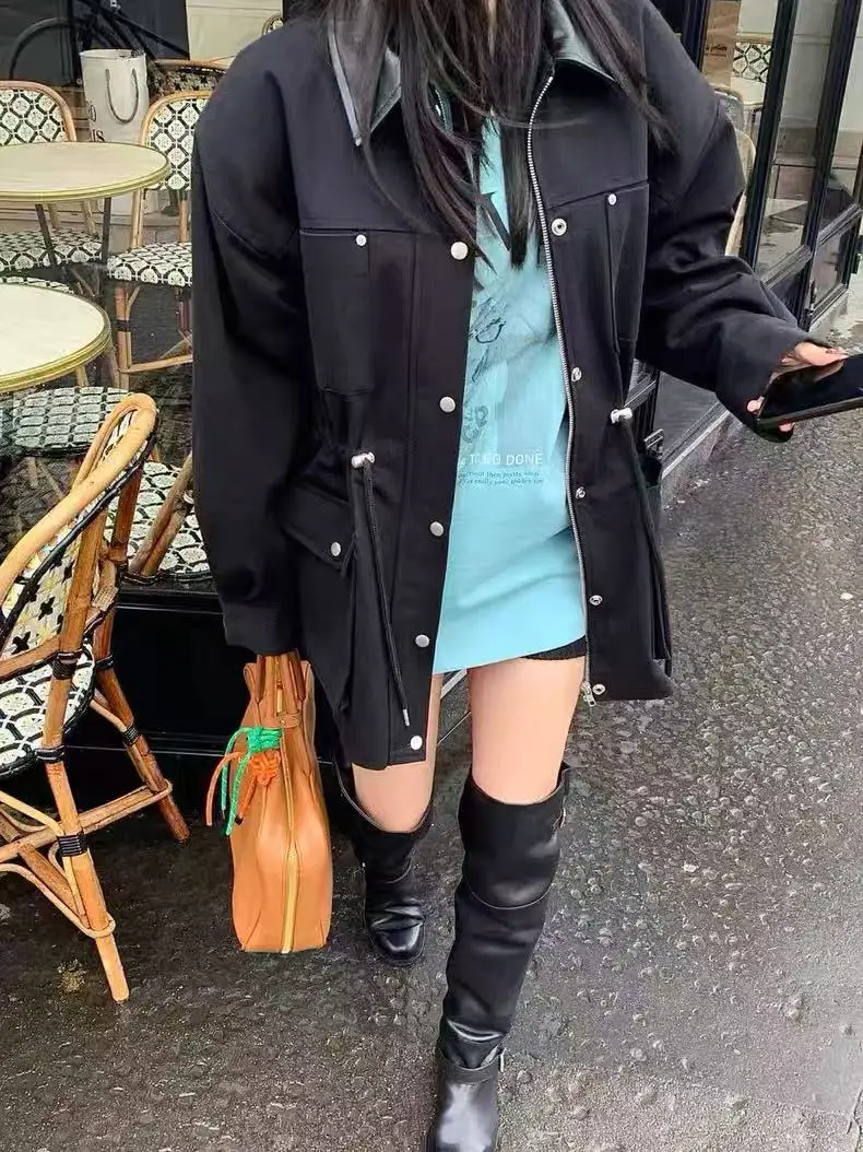 

Women's Workwear Sle Jaet Coat Loose Waist Dstring in Waist Long Sve Collar Big ket Faionable Mid-Length Top