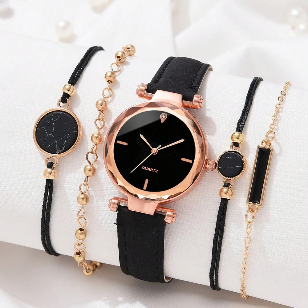 Set Watch For Women Luxury Leather Analog Ladies Quartz Wrist Watch Fashion Bracelet Watch Set Holiday Gifts Montre Femme 5PCS