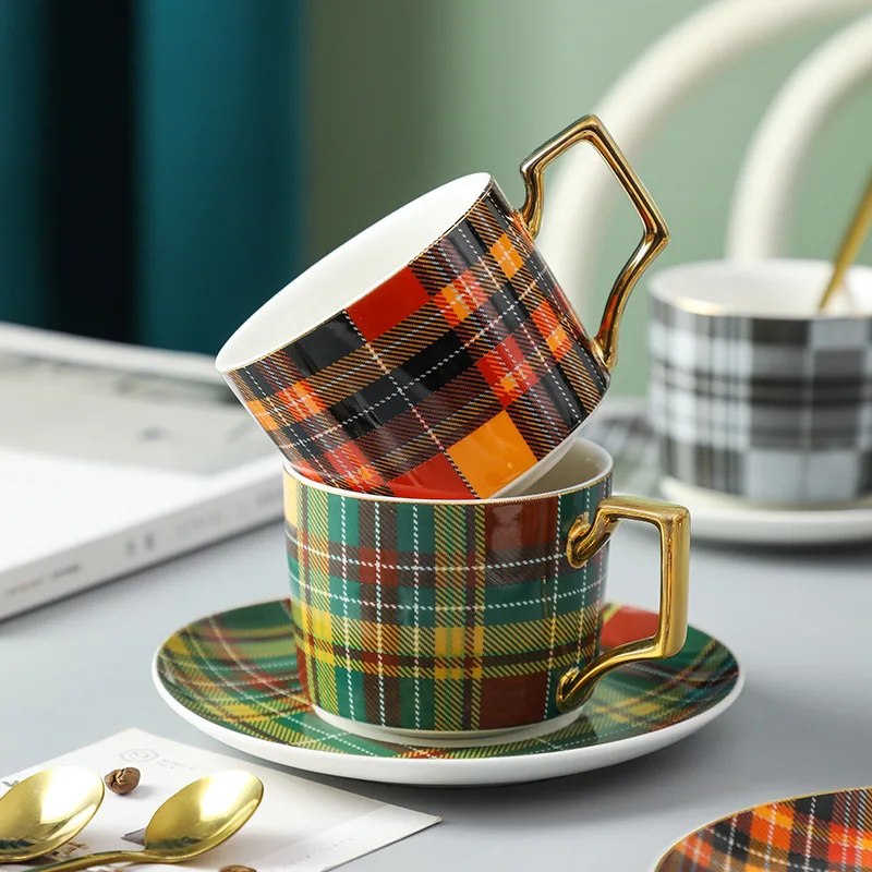 American Coffee Cup and Saucer Afternoon Tea English Cup Office Exquisite Plaid Couple Cup Set Turkish Coffee Cups  Tea Cup