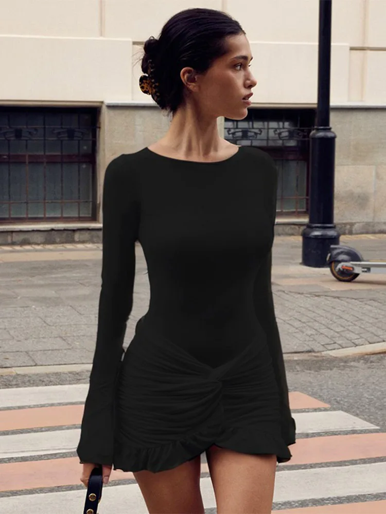 CNYISHE Flounced Edge Solid Elegant Bodycon Sheath Women Dresses O Neck Long Sleeve Outfits Sexy Club Fashion Female Vestidos