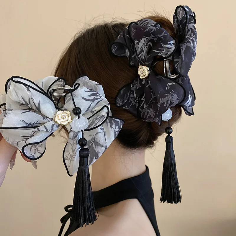 

Retro Chinese Style Mesh Bow Hair Claws for Women Ponytail Hair Clips Fashion Flower Taseel Headdress Hair Accessories Gifts
