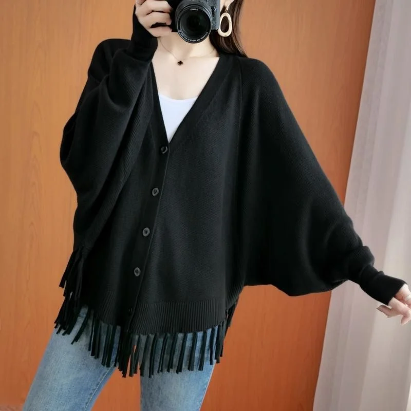 

plus Size Knitted Sweater Women's Loose V-Ne Cardigan Coat Tassel Detail Casual Long Sve Autumn Winter Faion Outerwear
