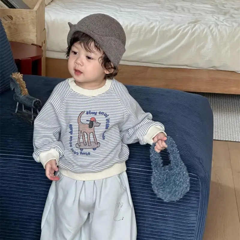 

2025 Autumn New Baby Long Sleeve Sweatshirt Cartoon Print Infant Toddler Cotton Pullover Boys Girls Casual Striped Sweatshirts