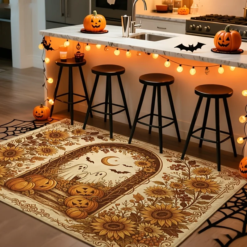 Sunflower Ghost Pumpkin Halloween Rectangle Kitchen Area Rug,Bat Crescent Moon Fall Floral Printed Floor Carpet