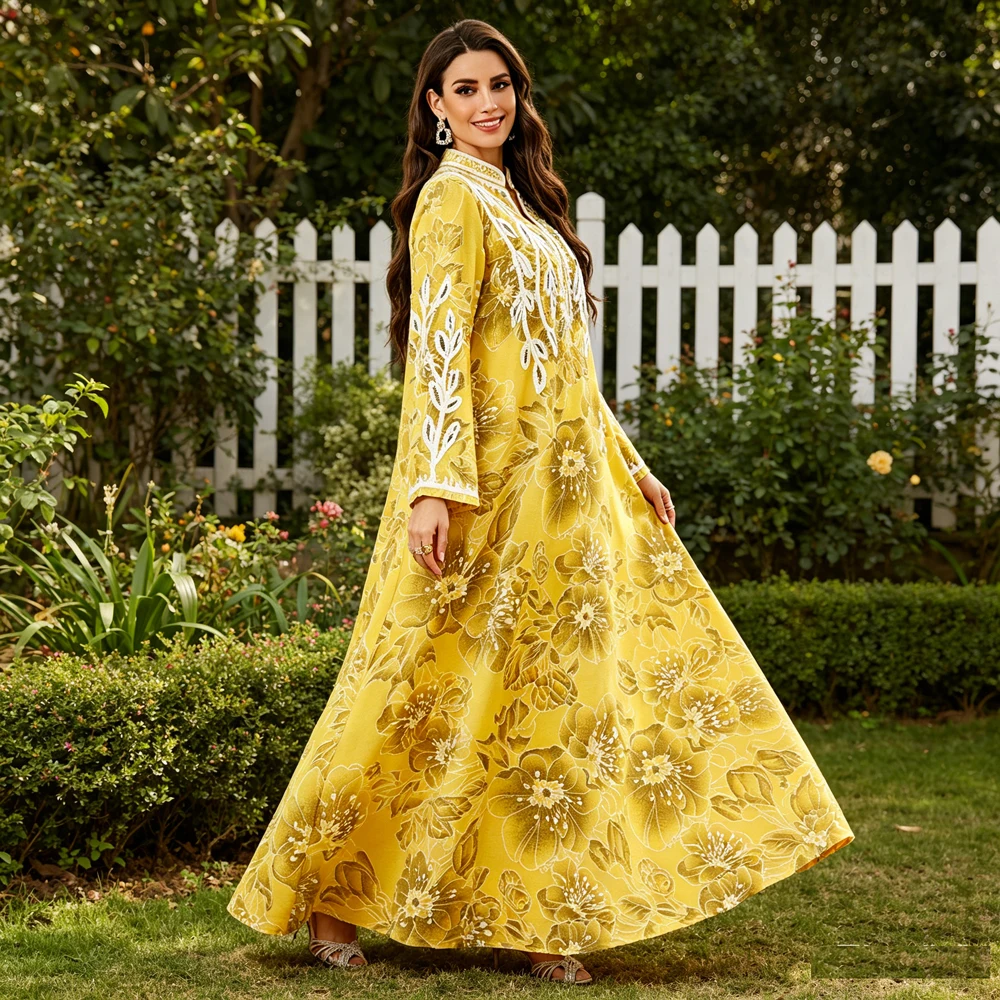 

Dubai Abaya Muslim Women Floral Print Embroidery Maxi Dress Jalabiya Turkey Kaftan Arabic Robe Femme Musulmane Traditional Gown