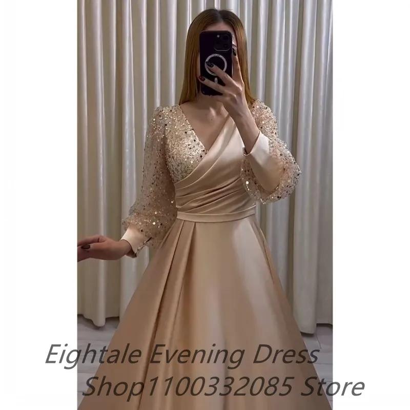 Champagne Customized Plus Size A Line Evening Dress Sparkly Long Sleeves V Neck Sequins Satin Custom Made Formal Prom Party Gown