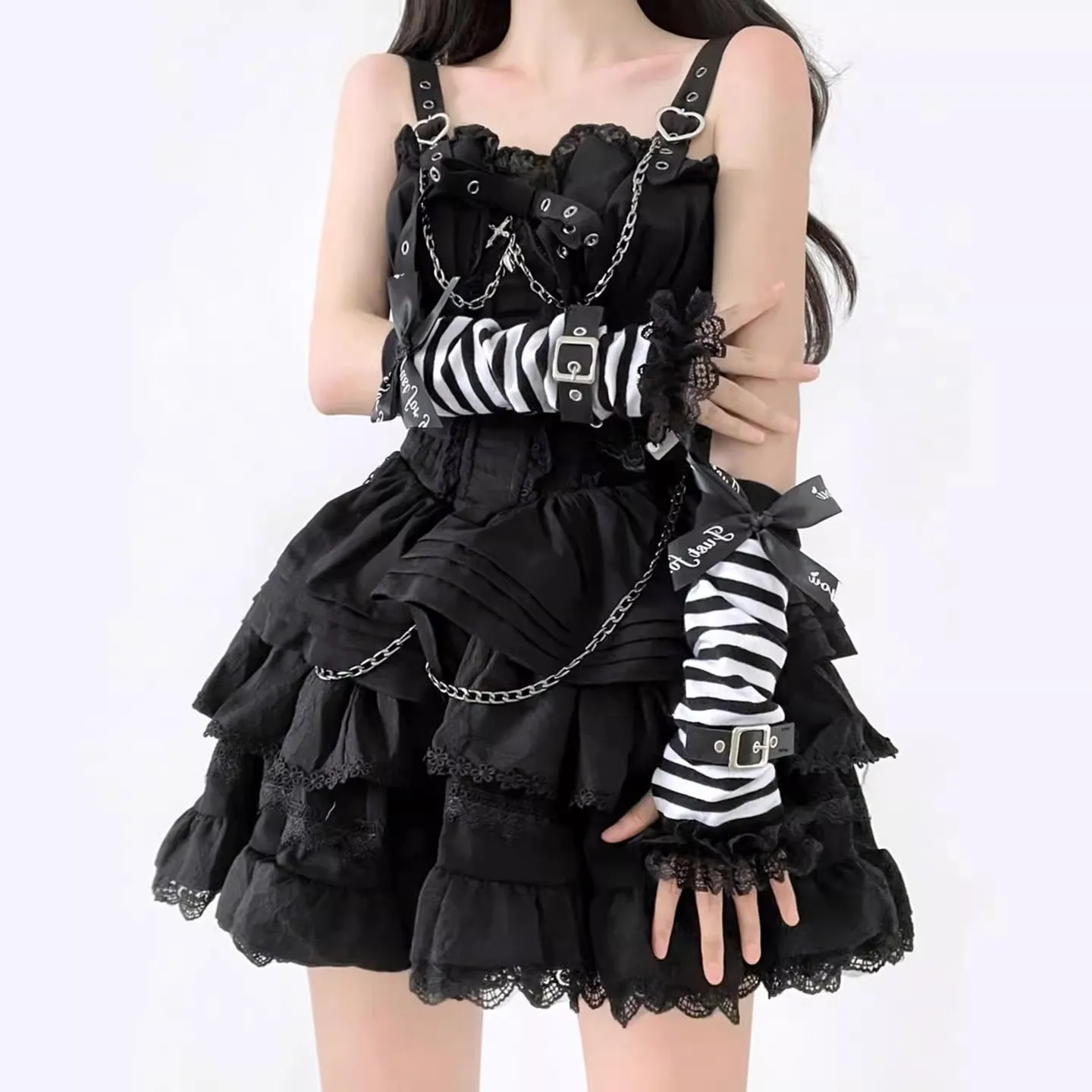 

Черно-белые полосатые рукава-перчатки в стиле Y2K, кружевные, сексуальные, милые, стильные, без пальцев, из хлопка.