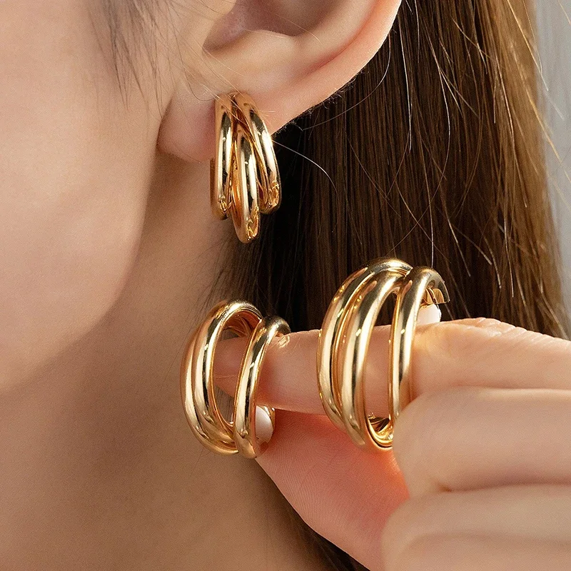 Minimalist Style Three-layer C-shaped Earring Light Luxury High-end Metal Hoop Earrings Simple Geometric Earrings Jewelry K-
