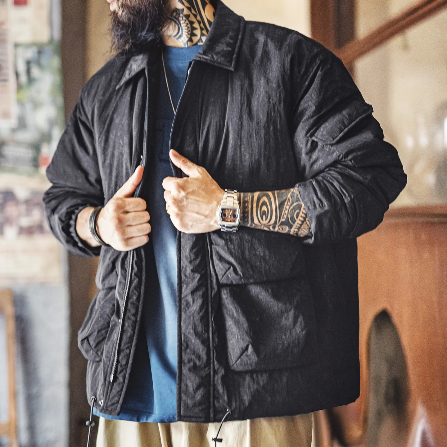 Maden Men’s Retro M65 Jacket Winter Warm Padded Coat Turn-down Collar Thick Cotton Outerwear Casual Military Style Jacket