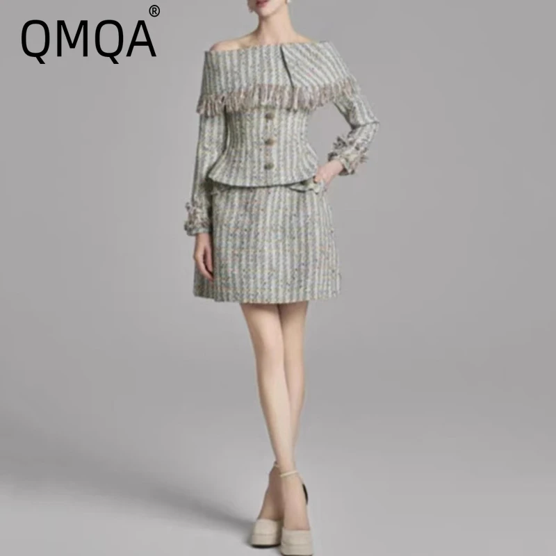 QMQA Fashion Women's Tweed 2 Piece Set Slash Neck Tassel Single Breasted Coat Mini Skirt Elegant Sets 2025 New Clothing 1A910