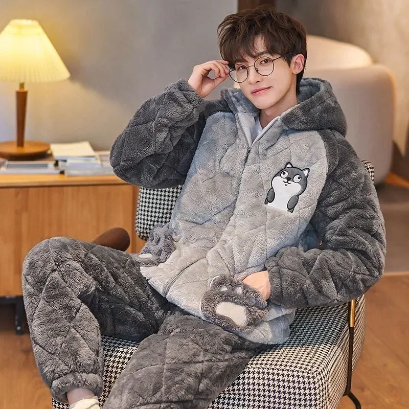 Pajamas Men Homewear Suit Winter Coral Fleece Home Sleep Clothes Thickened Three Layers Cotton Male Teen Hooded Loungewear Set