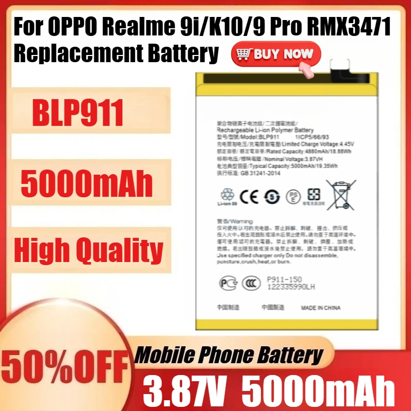 

New BLP911 3.87V 5000mAh High Quality Battery For OPPO Realme 9i/K10/9 Pro RMX3471 Replacement Battery Bateria+Tools
