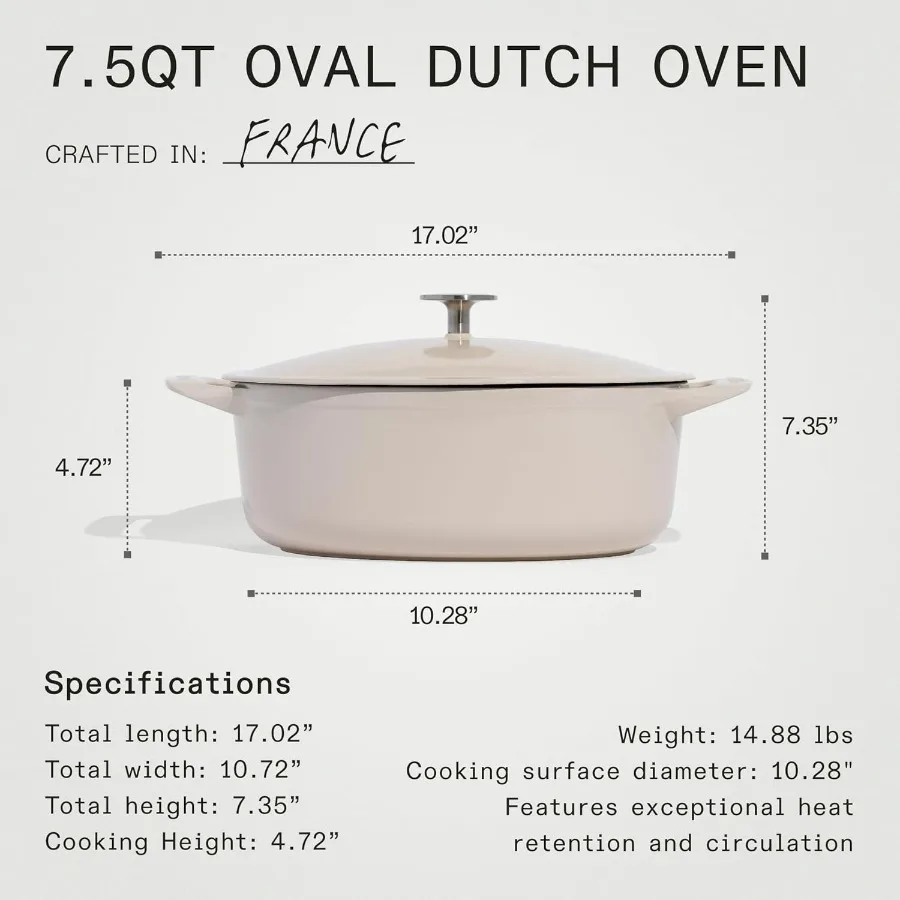 Cookware - Oval Dutch Oven 7.5 Quart - Linen - Enameled Cast Iron - Exceptional Heat Retention & Durability - Professional Cookw