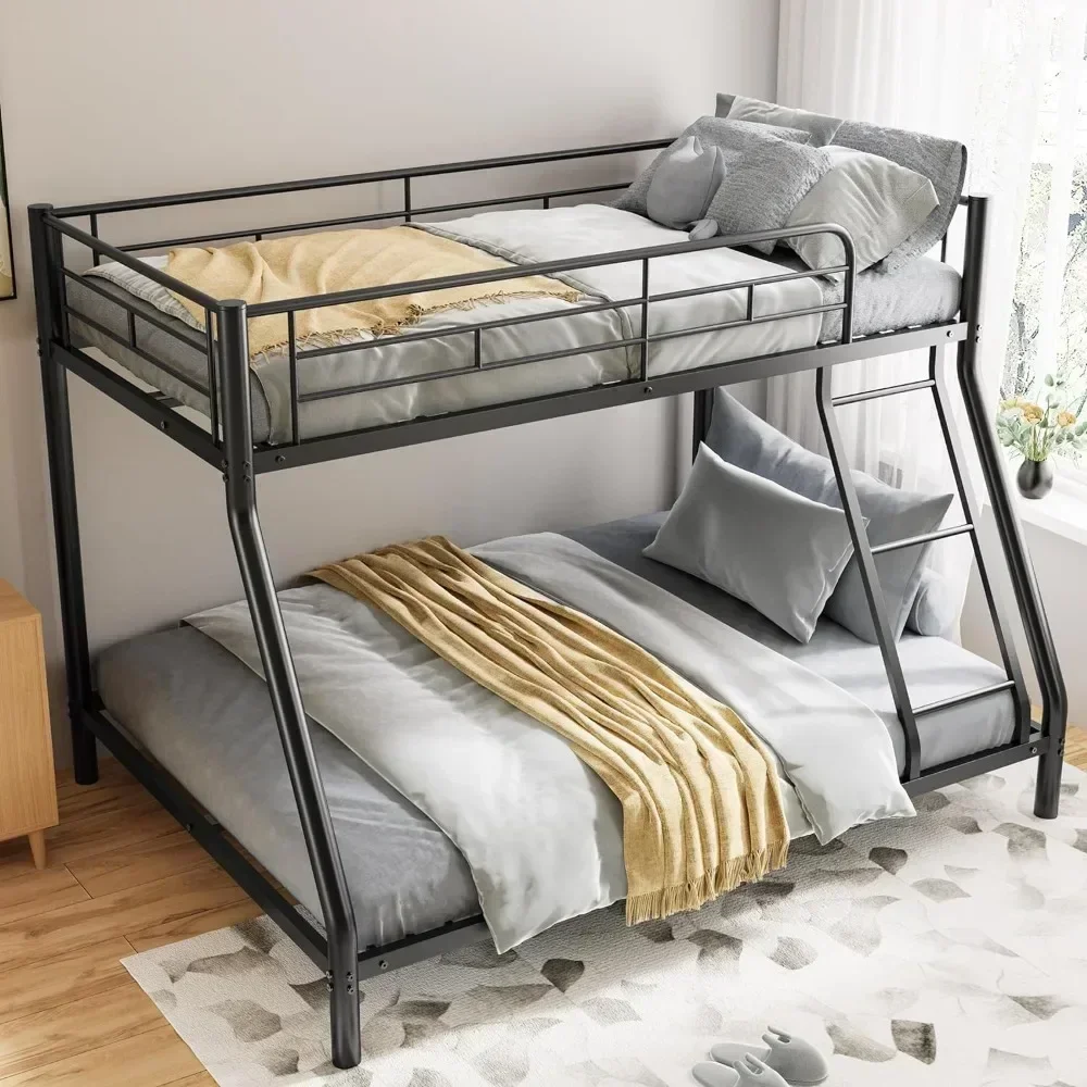 Bunk bed with ladder and safety railing, no spring box required, black suitable for children/adult bedrooms, space-saving design