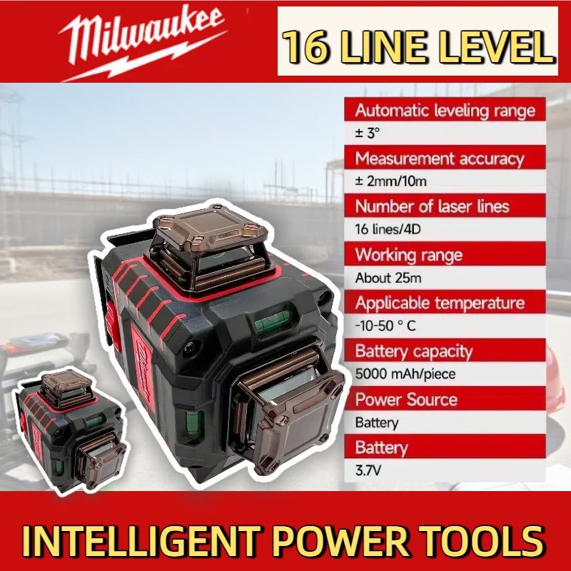 Milwaukee 16 Linien, 4 Seiten x 360 Grad, vertikal, 4,2 V, 3–4D-Laser, grüner Strahl, selbstnivellierendes vertikales Kreuzlinienlaser