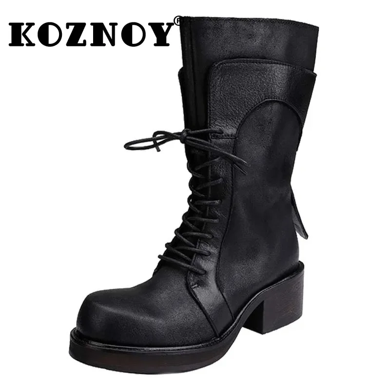 Koznoy 5.2cm New Cow Suede Genuine Leather Boots Autumn Motorcycle Spring Knee High Ankle Booties Women Moccasins Chimney Shoes