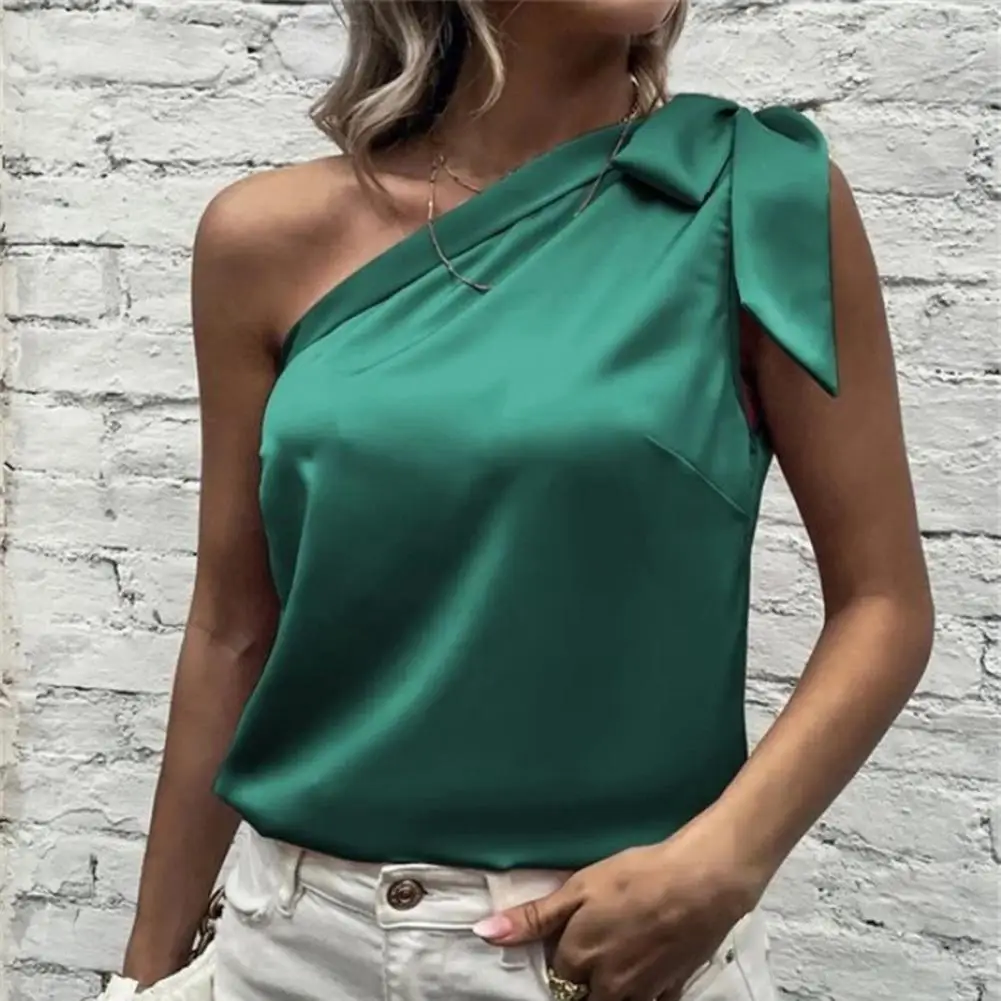 Ärmellose glatte Satin Frauen Top sexy eine Schulter Bowknot Pullover Top weibliche Kleidung elegante Bluse Ropa de Mujer топ женский