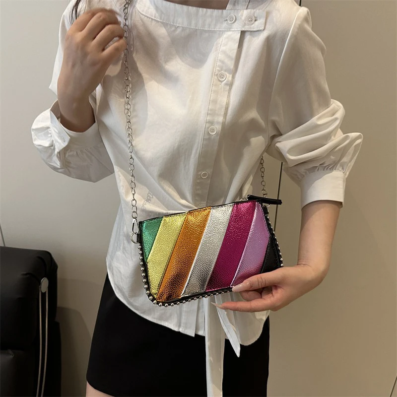 2025 جديد قوس قزح مخطط حقيبة نسائية عصرية وخفيفة الوزن حقيبة صغيرة سلسلة واحدة الكتف حقيبة كروسبودي حقيبة الهاتف المحمول #5