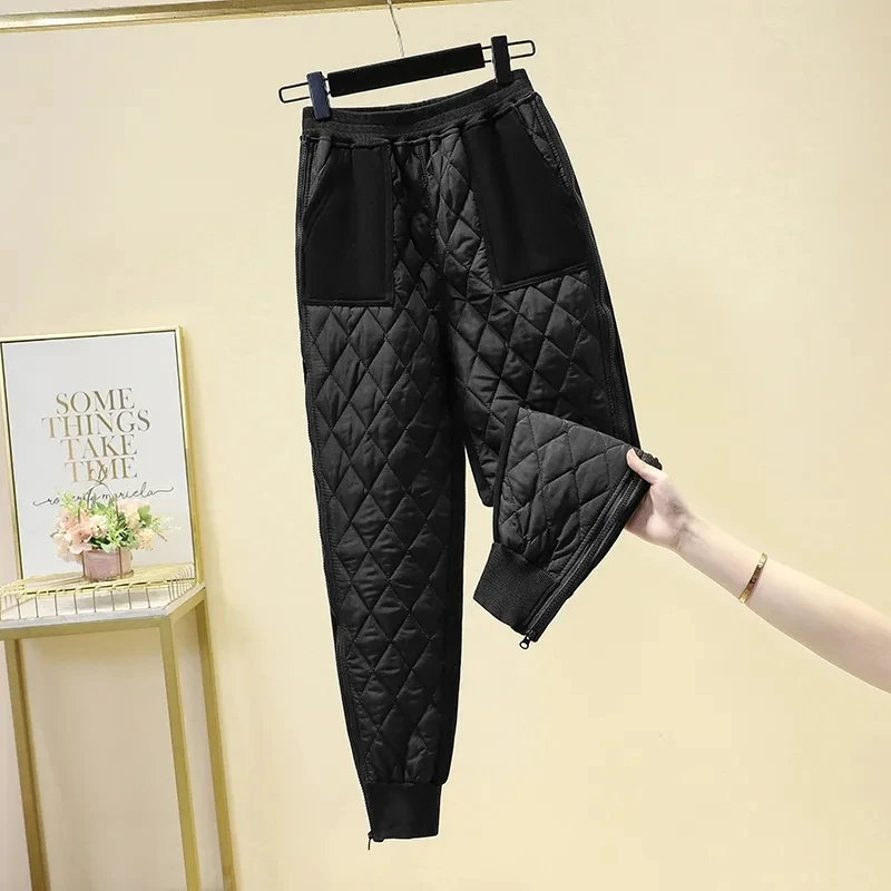 Damskie spodnie zimowe z bawełny Harlan, ocieplane puchem, modne, łączone, ciepłe, sportowe, z wysokim stanem, długie.