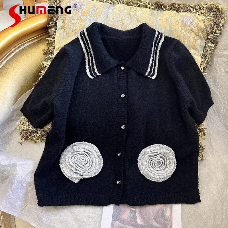 2024 Early Autumn New Three-dimensional Flower Short-sleeved Sweater Sweet Temperament Girlish Knitted Cardigan Black Knitwear