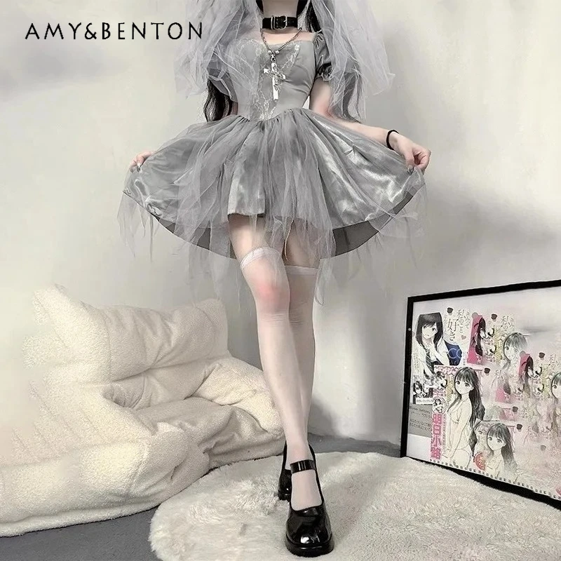 

Japanese Style Summer Dark Gothic Lolita Dress Women Short Sleeve Half Open Neck Slim Mesh Short Dress Matching Veil and Socks