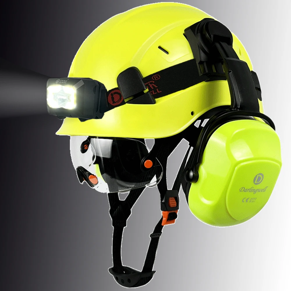 CE خوذة سلامة البناء مع البناء في قناع و Earmuff Led ضوء لمهندس قبعة صلبة ANSI حماية رأس العمل