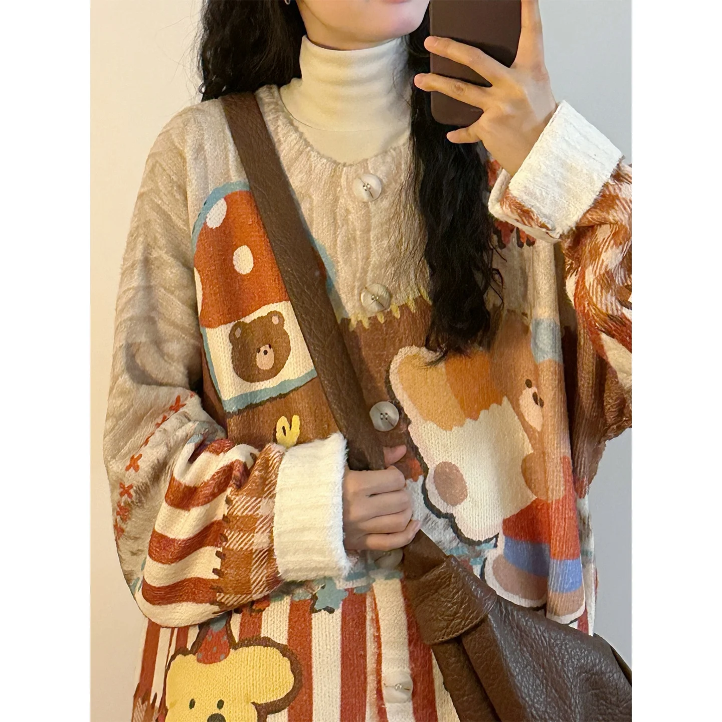 

BUNACC Autumn Winter Loose Fit Cartoon Bear Bread Hed round Ne Open Cardigan Outerwear Casual Sle Women's Faion