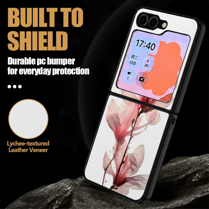 Floral Pattern PU Leather Phone Case For Samsung Galaxy Z Flip 8 7 FE 6 5 4 3 5G Hard PC Back Cover For Galaxy Z Flip8 Flip7
