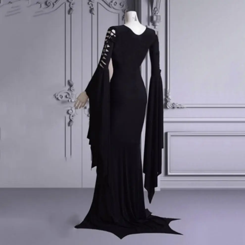 S-5XL Sexy Witch Ghost Halloween Costume Morticia Addam Gothic Maxi Dress Pagan Pixie Vampire Black Lace Up Gown Robe For Women