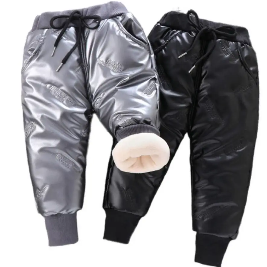 

Winter Boys Light Leather Triple Layer Lined Fleece Thick Trousers For Girls Children's Fashion Warm Elastic Long Cotton Pants