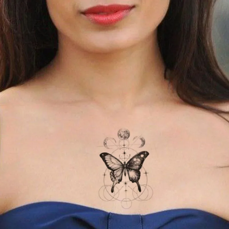 Tattoo Sticker Temporary Butterfly Sun Moon Star Geometric Circle Line Tattoo Body Art for Women Men Wrist Fake Tatoos