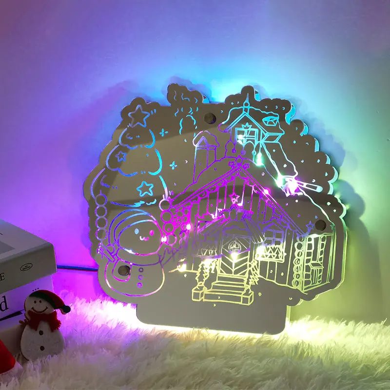 Acrylic Luminous Mirror Bilayer Light Mirror LED Neon Sign Illuminated Mirror Personalized Christmas Home Bedside Decoration