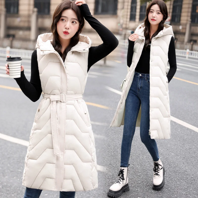 

Winter Down Cotton Vest Women Padded Sleeveless Jacket Female Vintage Warm Puffer Coats Long Black Khaki Waistcoat Belt Outwear