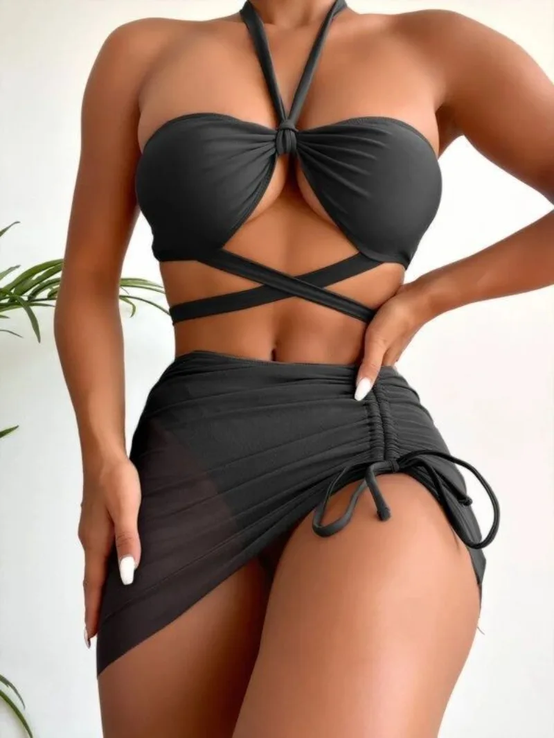 

Summer 3 Pieces Swimsuit Women High Waist Swimwear Sexy Lace Up Micro Bikini Set with Skirt Beachwear Brazilian Bathing Suit 수영복