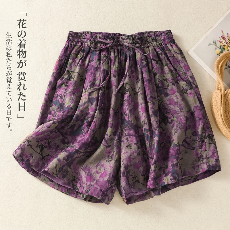 

Summer Flower Printed Cotton And Linen Shorts Women Casual Loose Elastic High Waist Drawstring Sports Exercise Beach Shorts