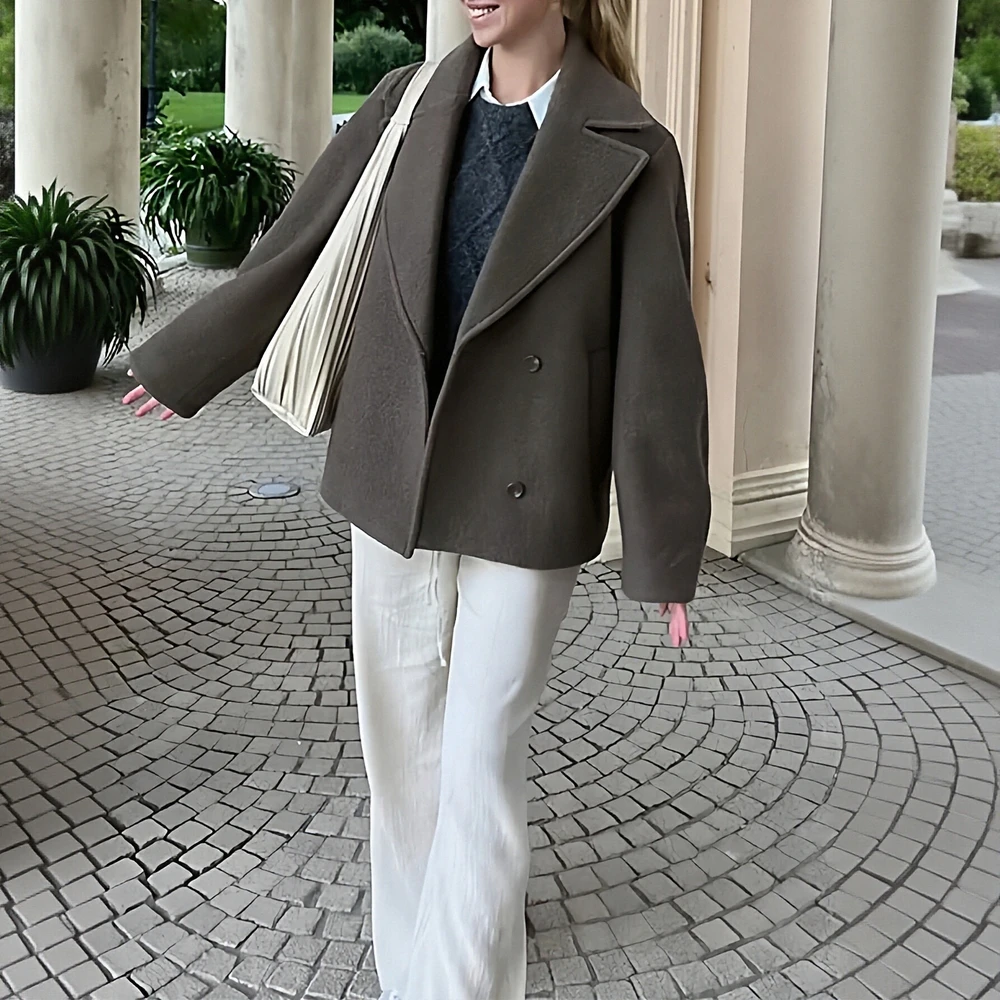 

Solid Double-Row Button Wool Collar Long Sleeve Short Jacket Women's Fashion Outerwear Quick Delivery