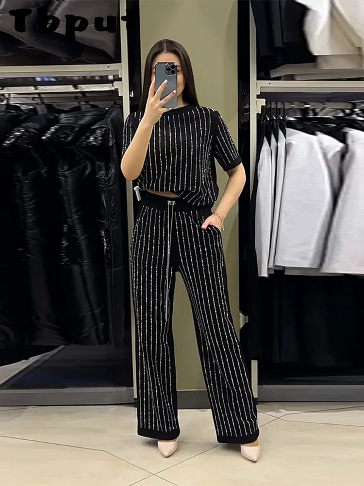

Fashion Women's Knitted Rhinestone Striped Trouser Suits Short-Sleeve O-Neck Lady Sets 2026 Summer Casual 2 Pieces Set Women