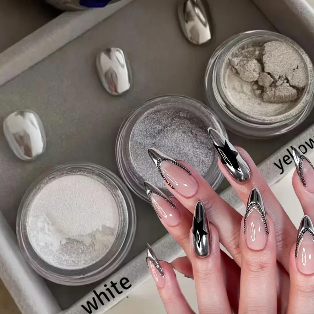 3 caixa ultra-brilhante espelho metálico cromo em pó acessórios da arte do prego prata branco champanhe esfregando glitter pigmento em pó