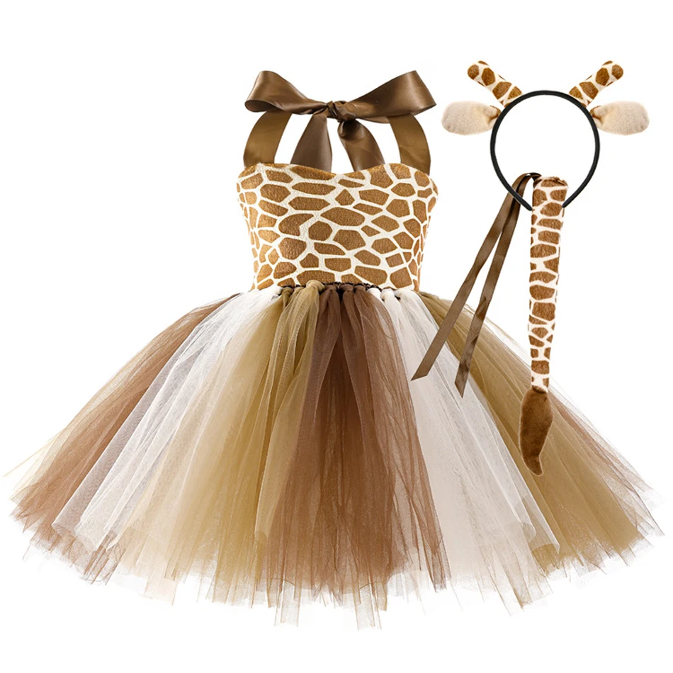 Kids Cartoon TUTU Leopard Dress Halloween Cat Zebra Giraffe Animal Cosplay Costume Birthday Party Christmas Girls Outfit