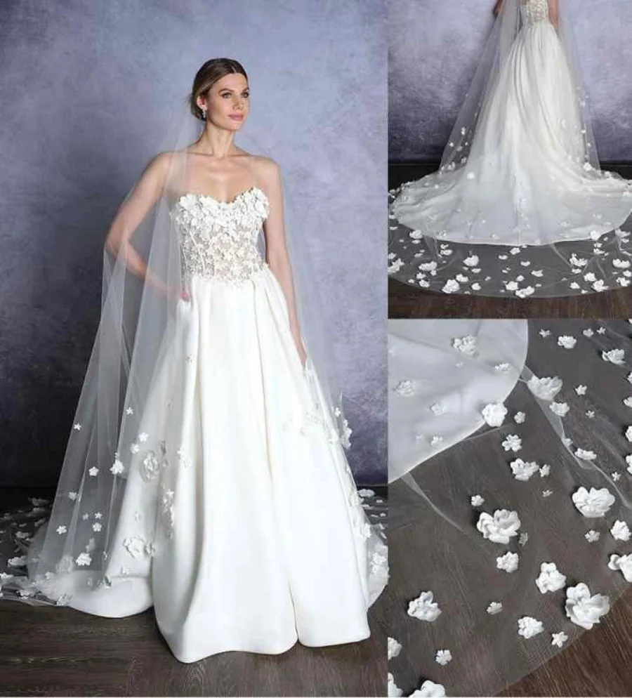 

Великолепная свадебная фата по индивидуальному заказу, 3D цветы ручной работы, тюль, аксессуары для волос, длинная фата с цветочным принтом и расческой