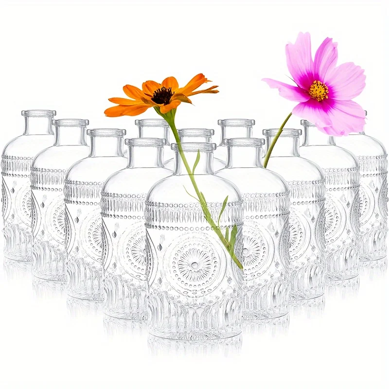 

12 Pack Clear Glass Bud Vases, Small Vases For Flowers, Vintage Glass Bottles For Home Office Decor, Centerpieces For Wedding