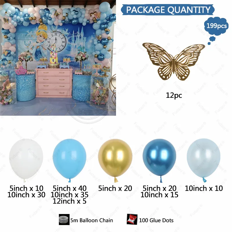 1Set Disney Princess Cinderella Butterfly Decors Blue White Latex Balloons 150cm Fabric Backdrops For Girl Birthday Party Gift