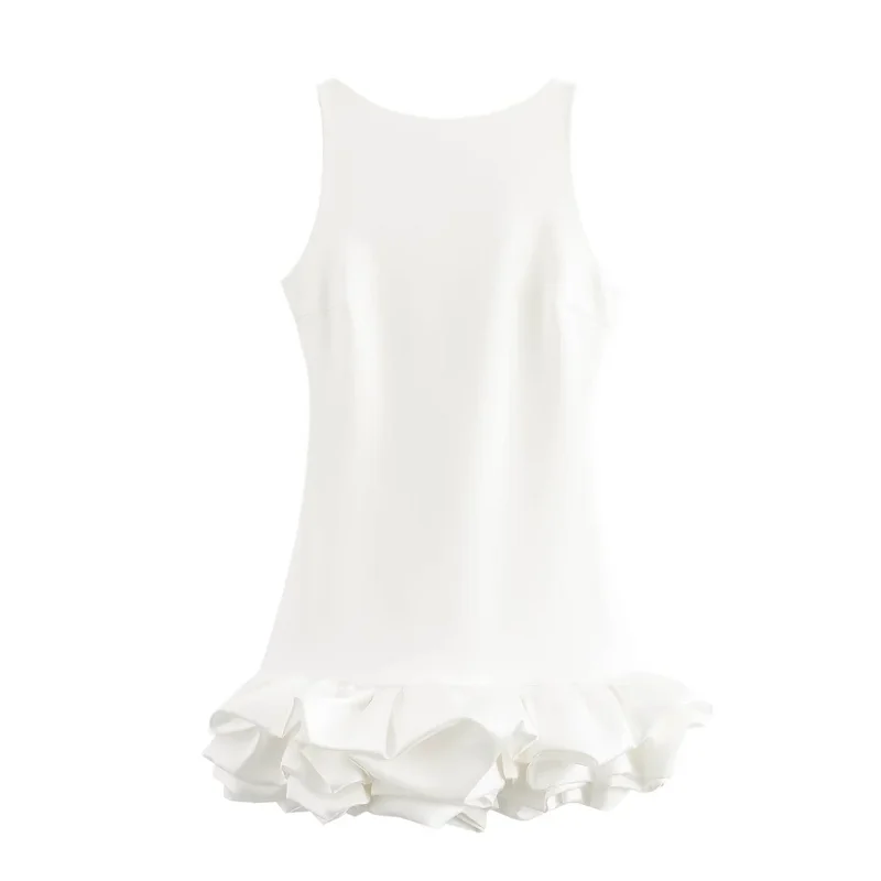 HXAO White Short Dresses 2024 Summer Women\'s Party Mini Pleated Dresses Ladies Fashion Casual Sleeveless Backless Dresses