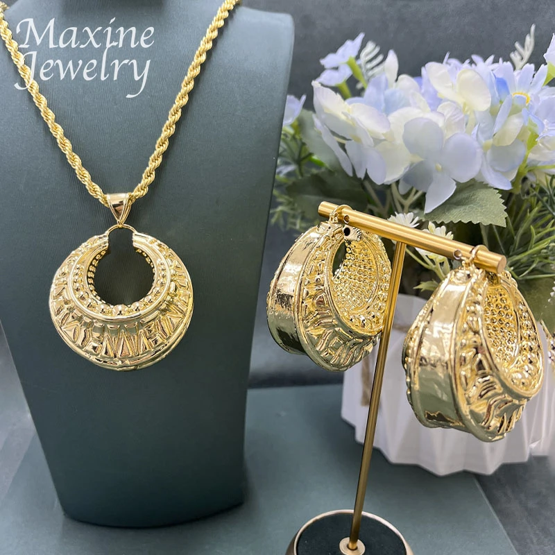 

Dubai 24K Gold Plated Jewelry Set for Women Copper Earrings Geometric Pendant Necklace Golden Party Anniversary Wedding Gifts