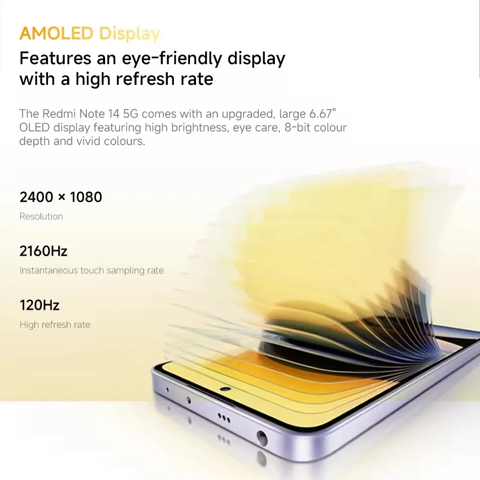 الإصدار العالمي للهاتف الذكي Xiaomi Redmi Note 14 5G NFC MTK الأبعاد 7025-Ultra 108MP كاميرا 5110mAh بطارية 45W Turbo Charging Corning Gorilla Glass 5 120 هرتز عرض العناية بالعين IP64 مقاومة للغبار والماء #5