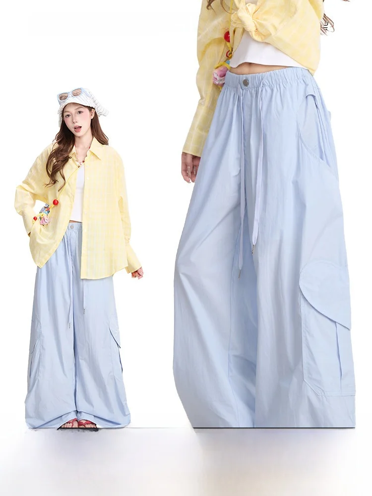

NERESUM Women's Casual Cargo Pants American Retro Pleated Multi-Pocket Straight Leg Loose Wide Leg Casual Pants