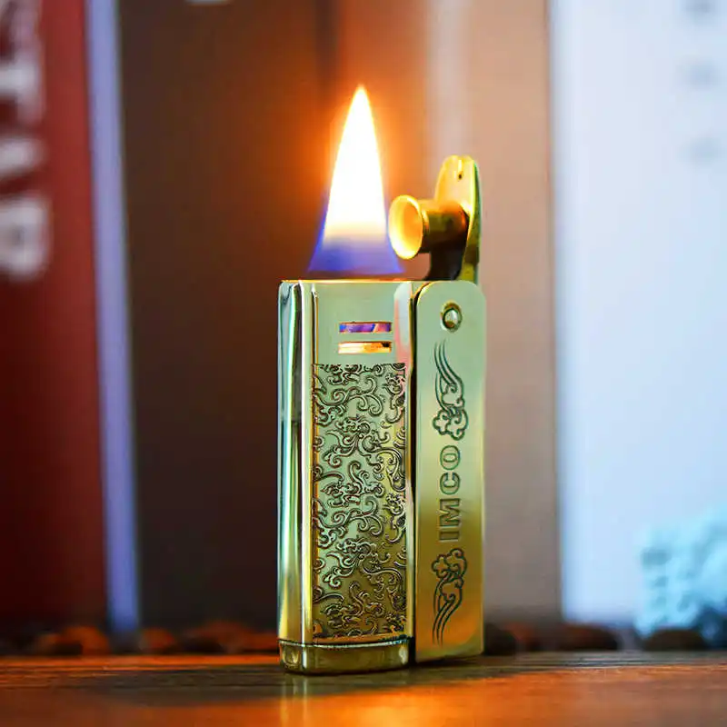 IMCO 6800 Oil Lighter Stainless Steel & Brass Vintage Design Laser Engraved Classic Tobacco Accessory for Men